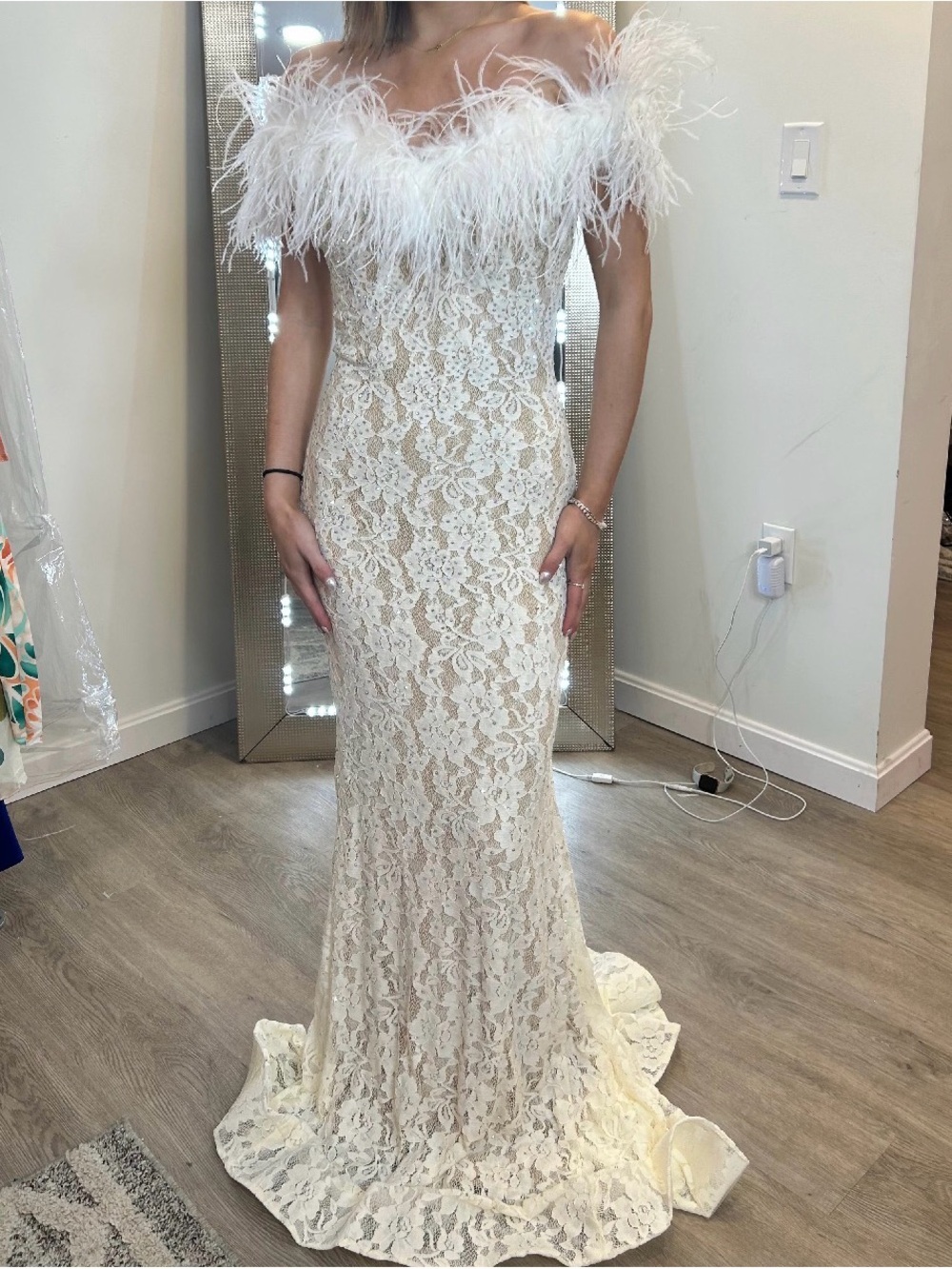 Jovani Ivory Lace Off-Shoulder Feather Trim Wedding Gown